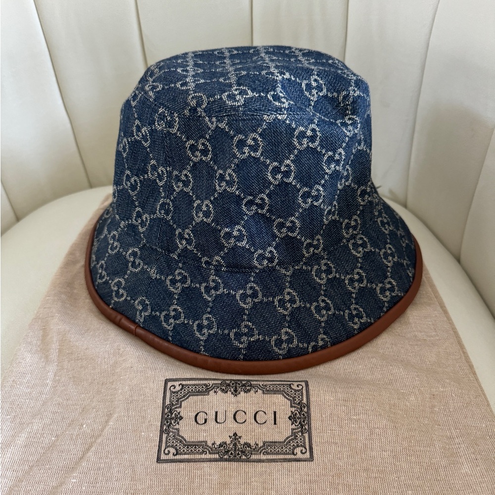 Gucci GG Denim Lether Trimmed Bucket Hat